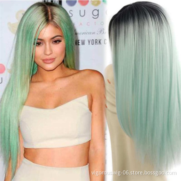 Vigorous Synthetic Wigs Long Straight Ombre Cosplay Costume Wig Heat Resistant Fiber Mint Green Full Wigs for Women